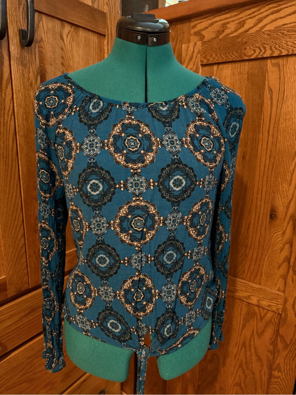 bobeau Teal Medallion Tie-Front Long Sleeve Blouse